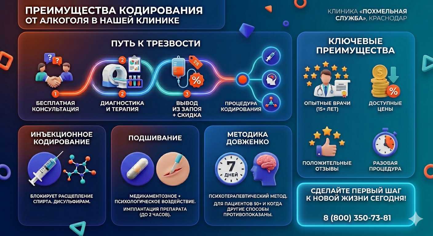 Инфографика о методах кодирования от алкоголя в Нязепетровске: инъекции, подшивание, метод Довженко. Преимущества клиники и этапы лечения.