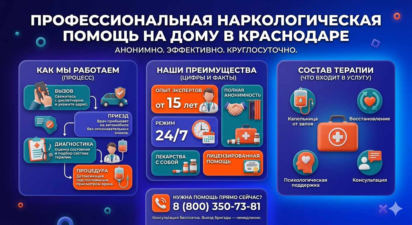 Инфографика о принципах лечения алкоголизма на дому в Нязепетровске: этапы вызова нарколога, преимущества анонимной детоксикации и состав медицинской помощи.